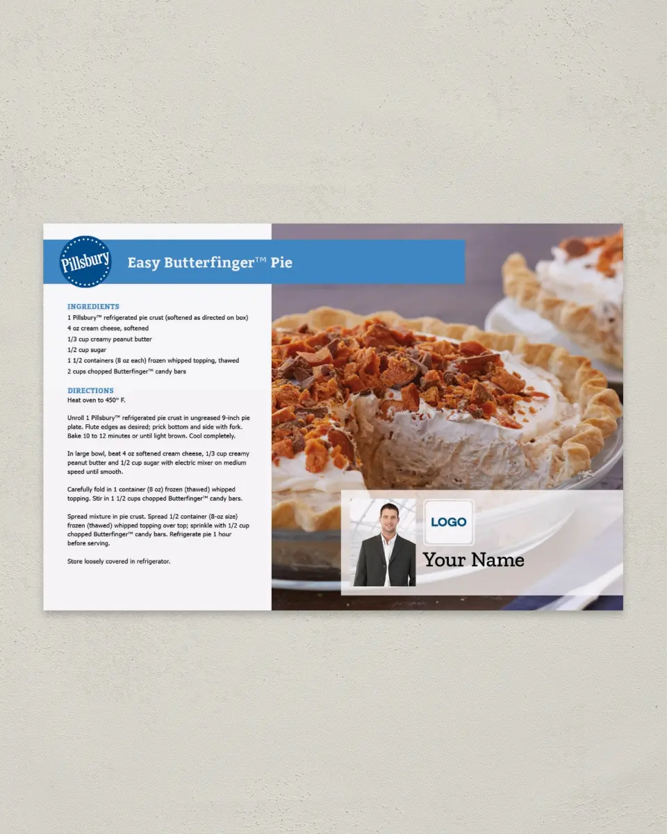 This is a 6" x 9" Postcard called Easy Butterfinger Pie printed in full color