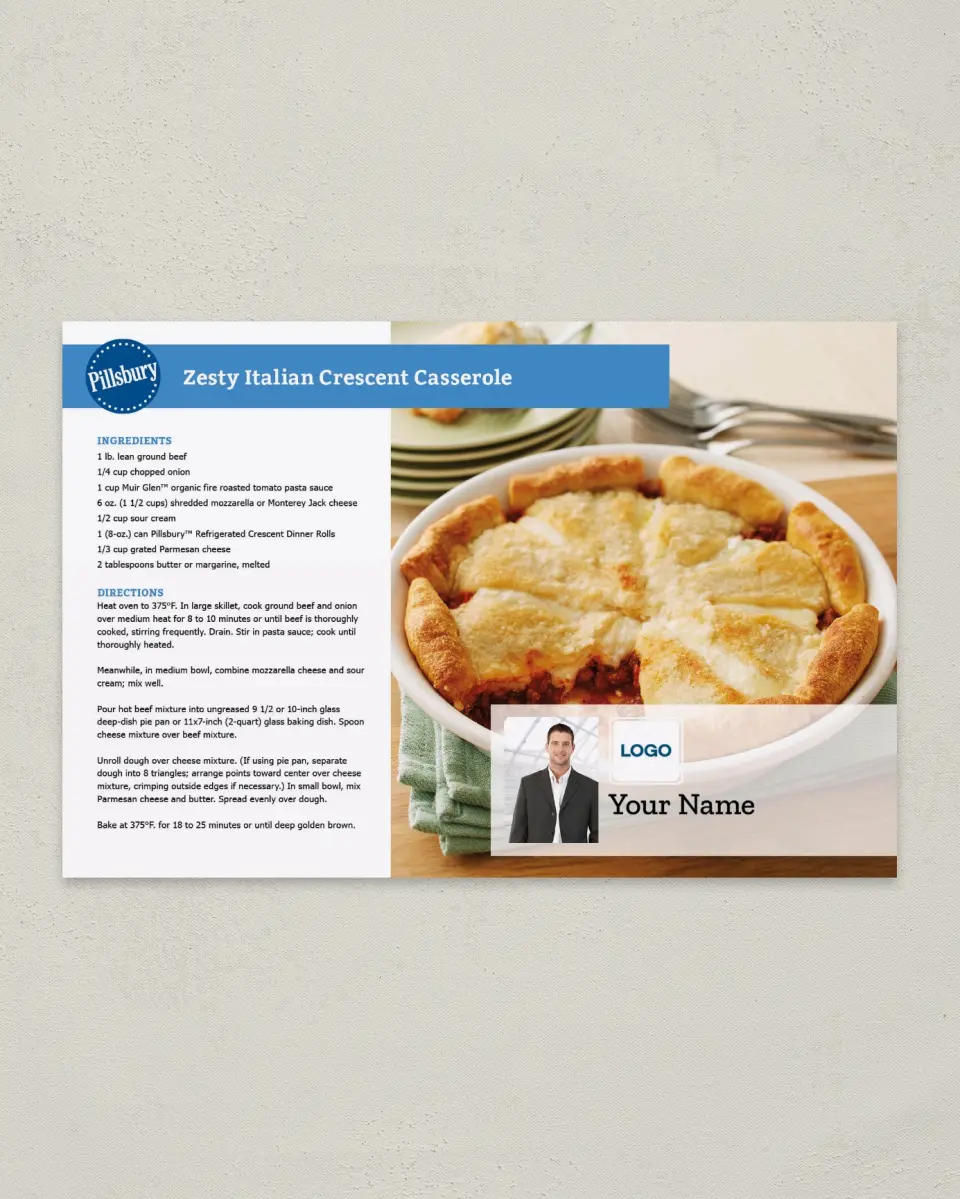This is a 6" x 9" Postcard called Zesty Italian Crescent Casserole printed in full color