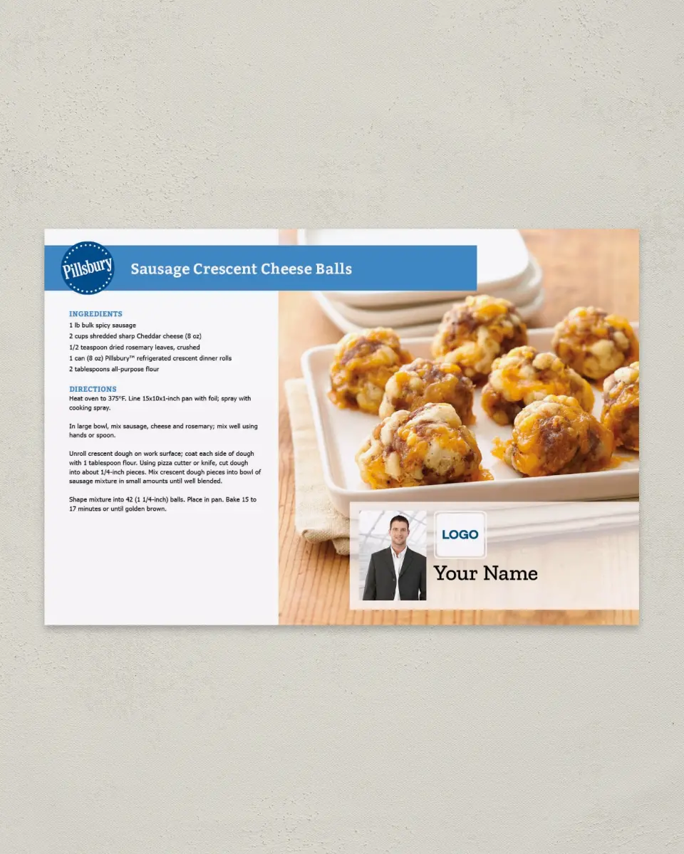 This is a 6" x 9" Postcard called Sausage Crescent Cheese Balls printed in full color