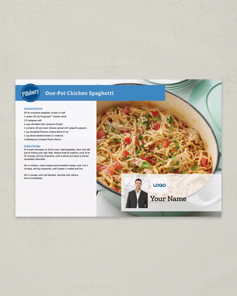 This is a 6" x 9" Postcard called One- Pot Chicken Spaghetti printed in full color