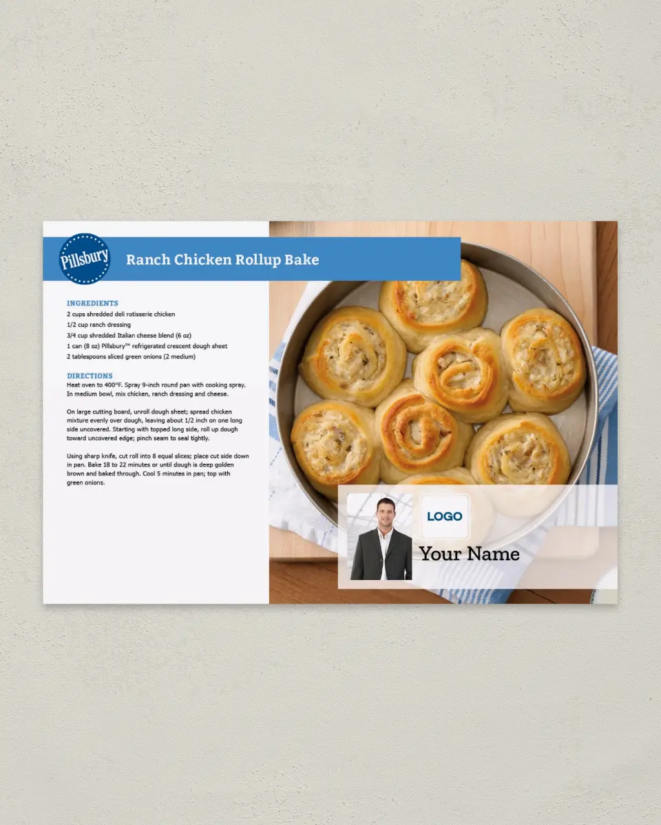 This is a 6" x 9" Postcard called Ranch Chicken Rollup Bake printed in full color
