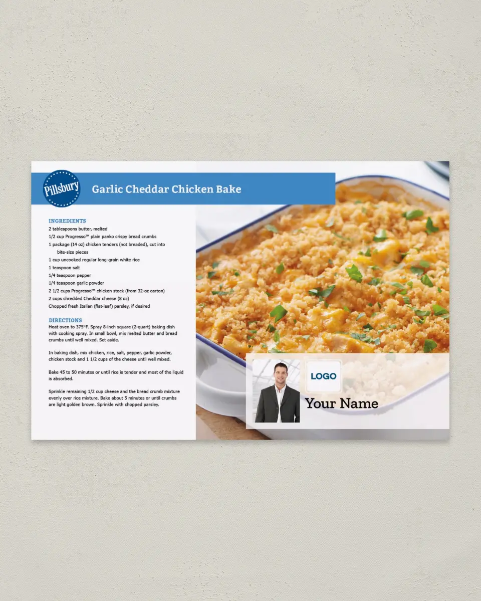 This is a 6" x 9" Postcard called Garlic Cheddar Chicken Bake printed in full color