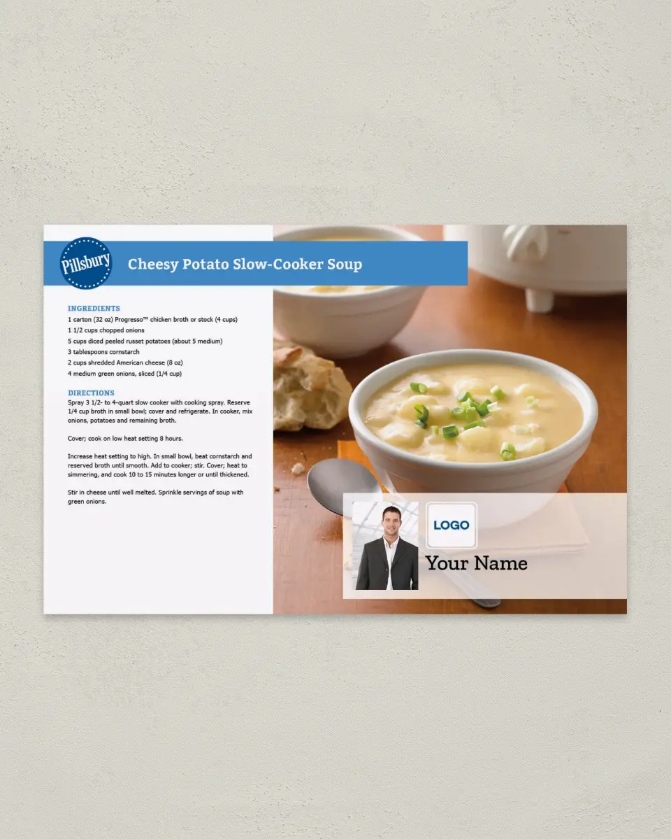 This is a 6" x 9" Postcard called Cheesy Potato Slow- Cooker Soup printed in full color