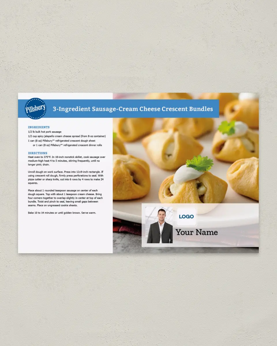 This is a 6" x 9" Postcard called 3-Ingredient Sausage- Cream Cheese Crescent Bundles printed in full color