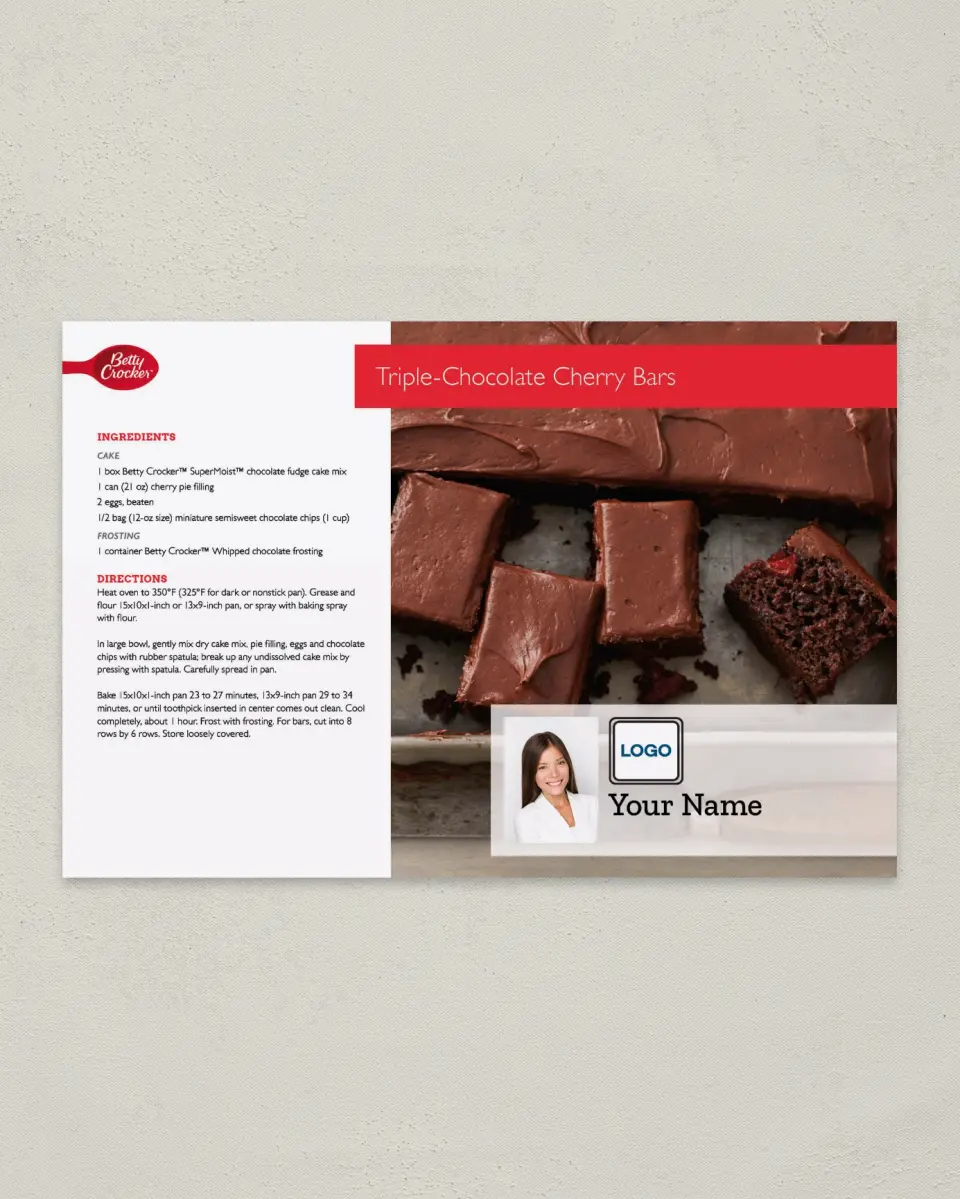 This is a 6" x 9" Postcard called Triple Chocolate Cherry Bars printed in full color