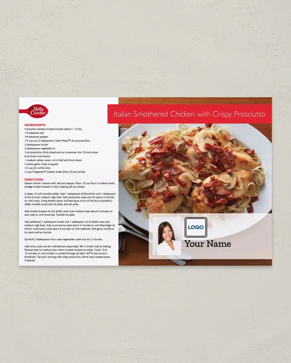 This is a 6" x 9" Postcard called Italian Smothered Chicken with Crispy Prosciutto printed in full color