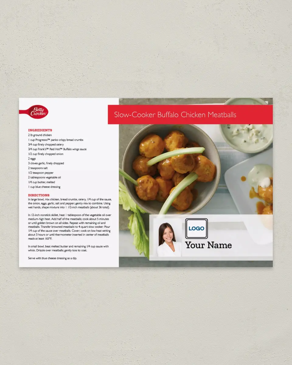 This is a 6" x 9" Postcard called Slow Cooker Buffalo Chicken Meatballs printed in full color