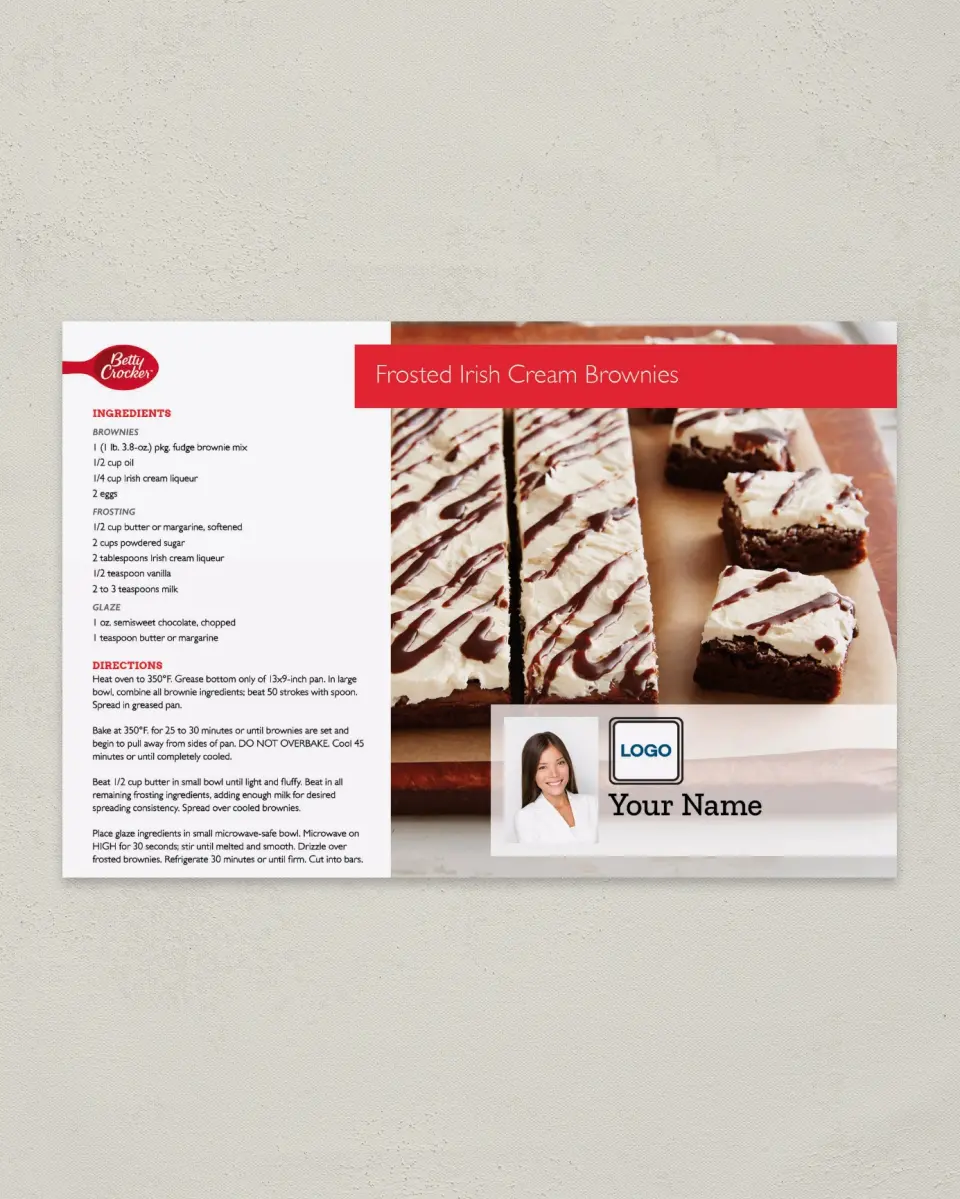 This is a 6" x 9" Postcard called Frosted Irish Cream Brownies printed in full color