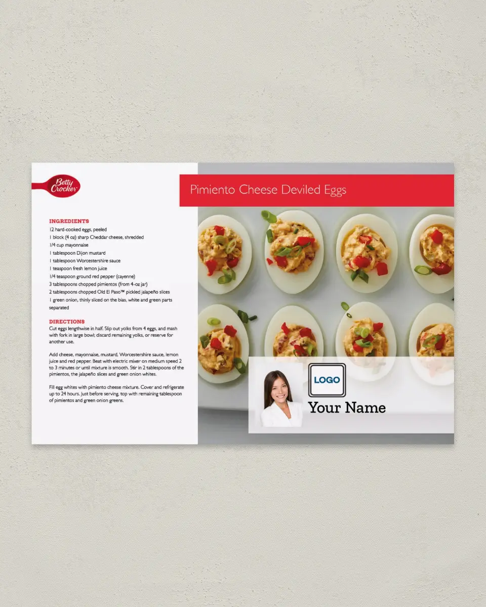 This is a 6" x 9" Postcard called Pimiento Cheese Deviled Eggs printed in full color