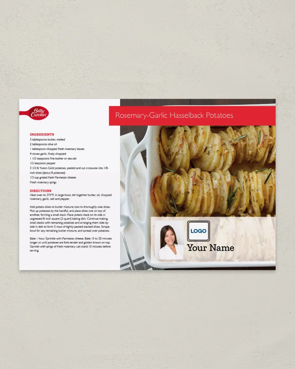 This is a 6" x 9" Postcard called Rosemary Garlic Hasselback Potatoes printed in full color