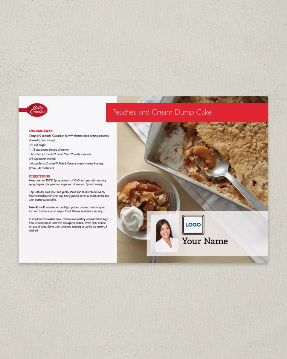 This is a 6" x 9" Postcard called Peaches and Cream Dump Cake printed in full color