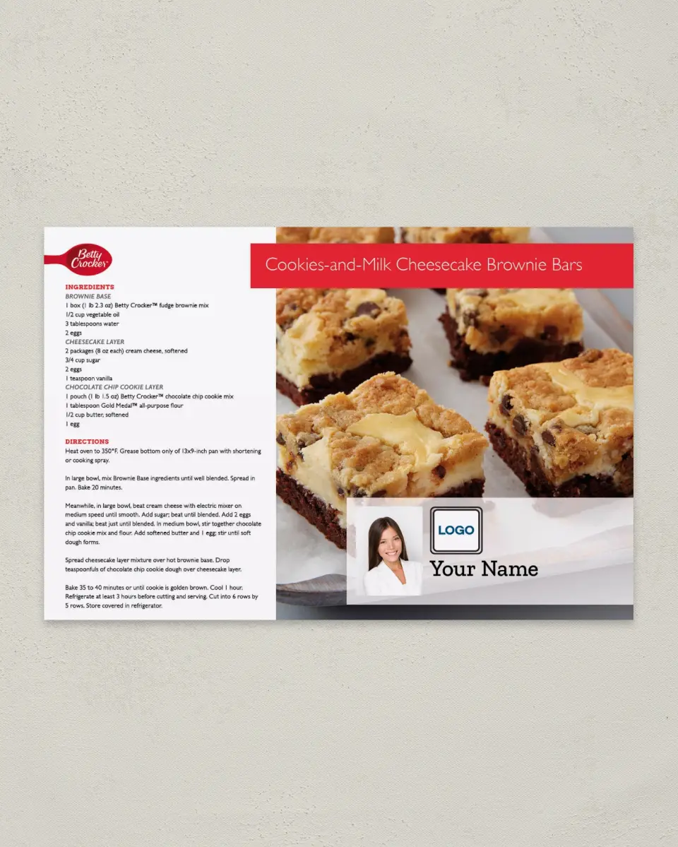 This is a 6" x 9" Postcard called Cookies and Milk Cheesecake Brownie Bars printed in full color