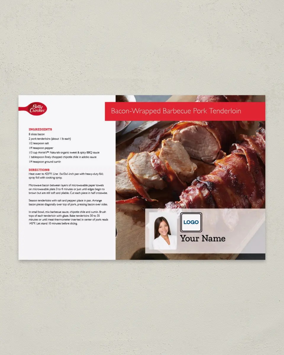This is a 6" x 9" Postcard called Bacon- Wrapped Barbecue Pork Tenderloin printed in full color