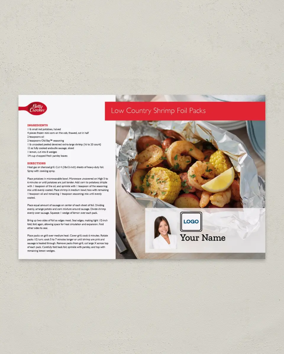 This is a 6" x 9" Postcard called Low Country Shrimp Foil Packs printed in full color