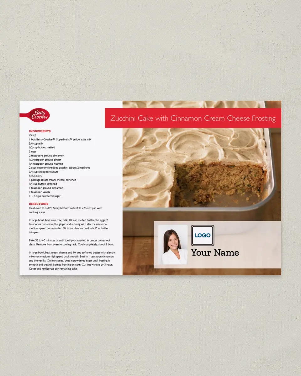 This is a 6" x 9" Postcard called Zucchini Cake with Cinnamon Cream Cheese printed in full color