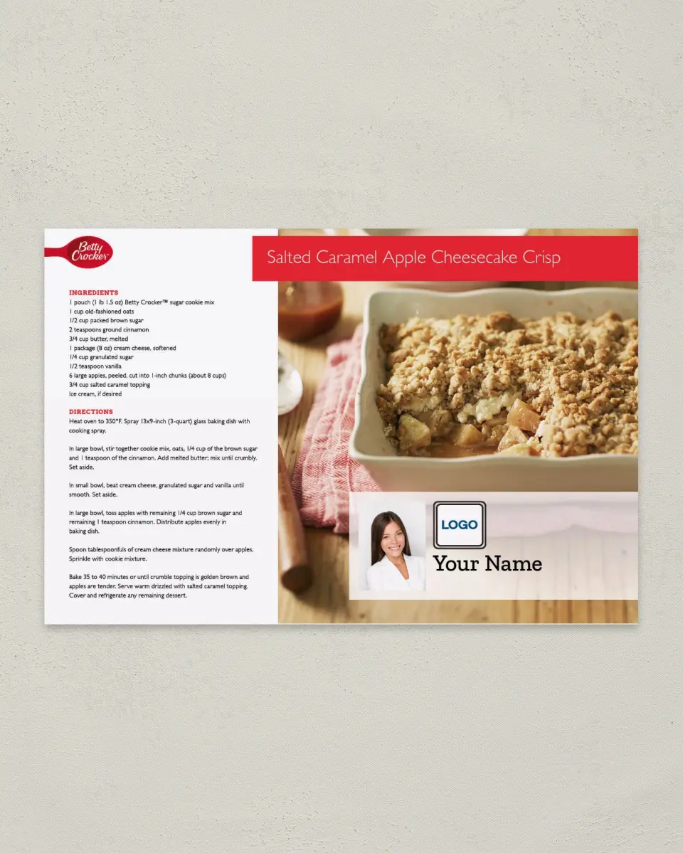 This is a 6" x 9" Postcard called Salted Caramel Apple Cheesecake Crisp printed in full color