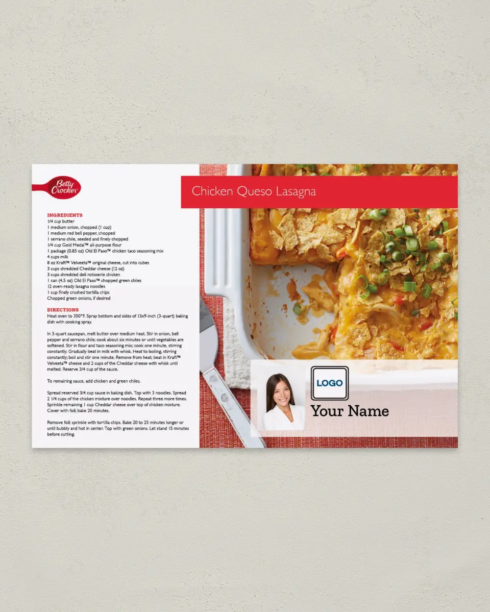 This is a 6" x 9" Postcard called Chicken Queso Lasagna printed in full color
