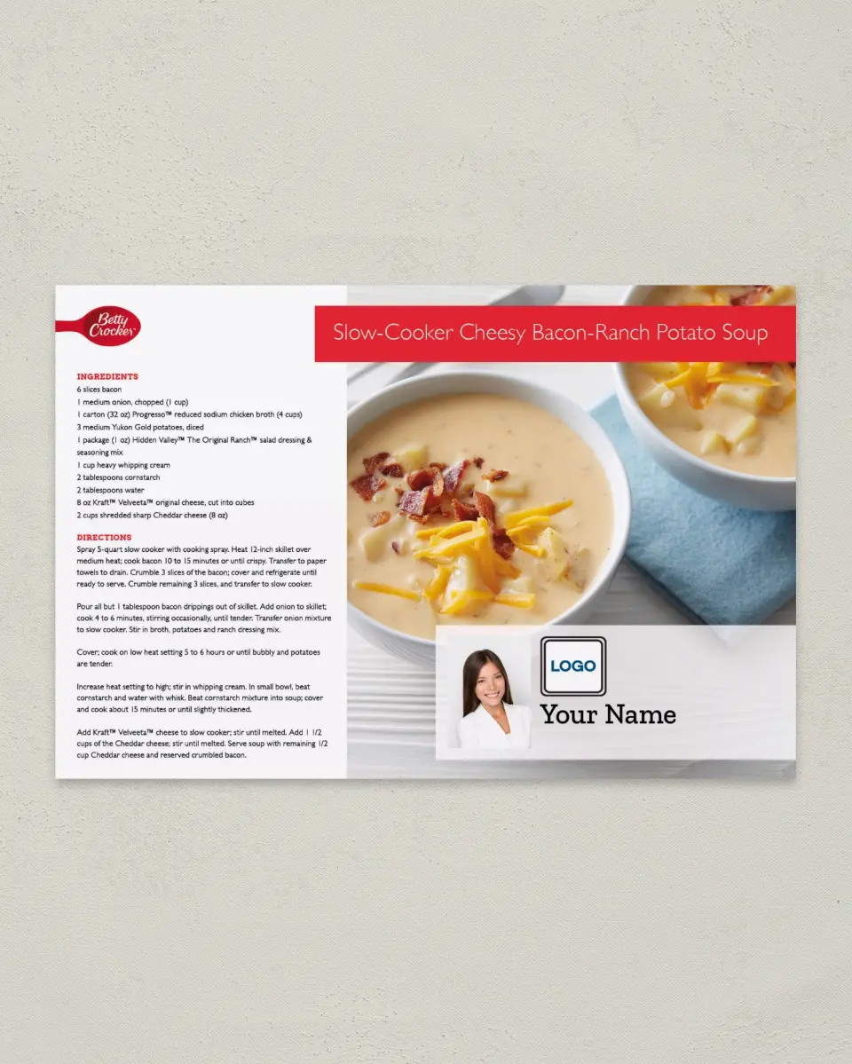 This is a 6" x 9" Postcard called Slow- Cooker Cheesy Bacon- Ranch Potato Soup printed in full color
