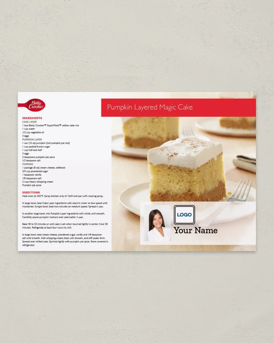 This is a 6" x 9" Postcard called Pumpkin Layered Magic Cake printed in full color