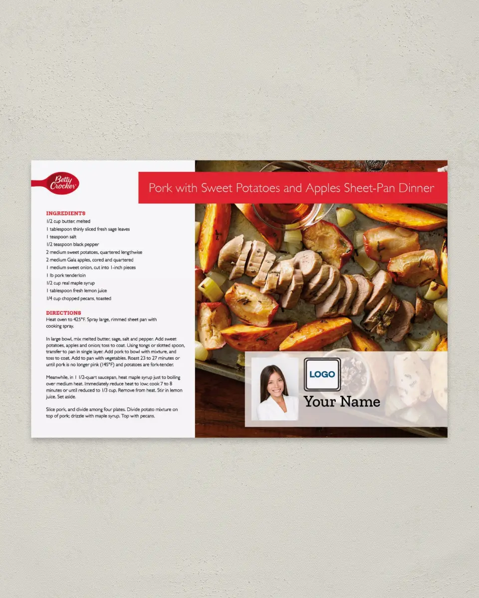 This is a 6" x 9" Postcard called Pork with Sweet Potatoes and Apples Sheet- Pan Dinner printed in full color