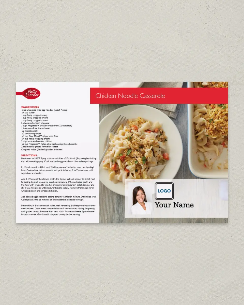 This is a 6" x 9" Postcard called Chicken Noodle Casserole printed in full color