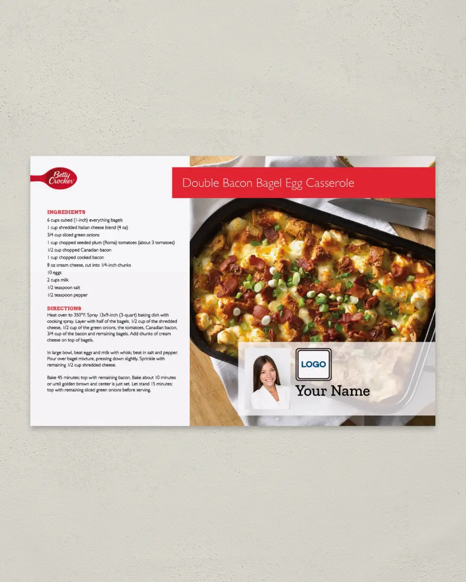 This is a 6" x 9" Postcard called Double Bacon Bagel Egg Casserole printed in full color