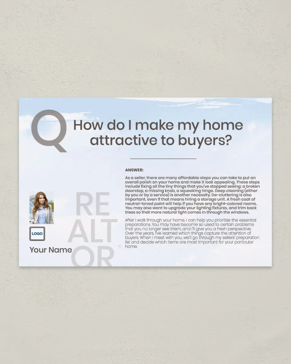 This is a 6" x 9" Postcard called Attract Buyers printed in full color