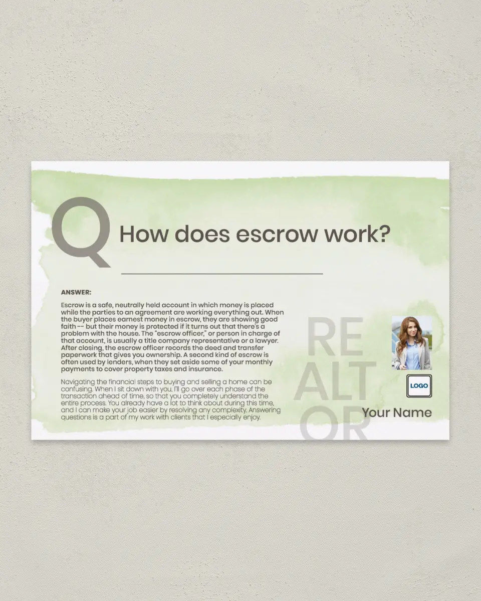 This is a 6" x 9" Postcard called Escrow Explained printed in full color