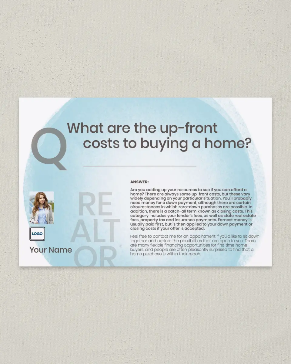 This is a 6" x 9" Postcard called Up-Front Costs printed in full color
