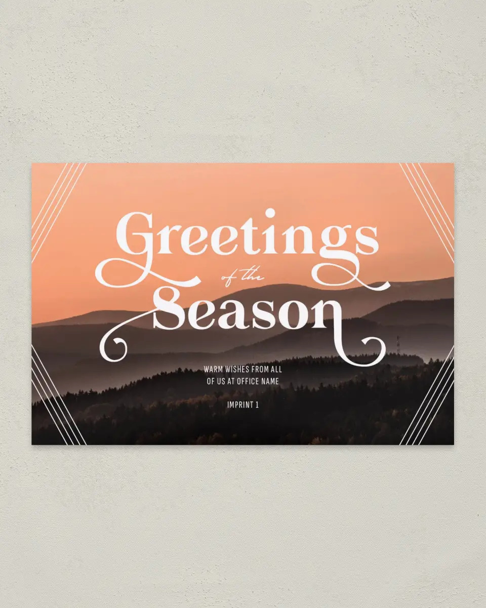 This is a 6" x 9" Postcard called Bright Mountainscape printed in full color with Rose Gold foil
