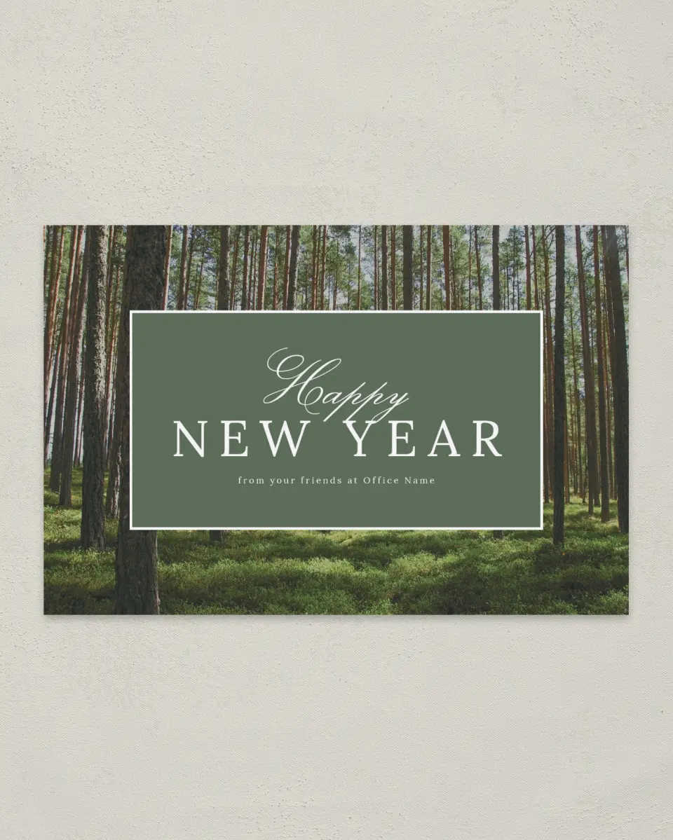 This is a 6" x 9" Postcard called Lush Forest printed in full color with Rose Gold foil