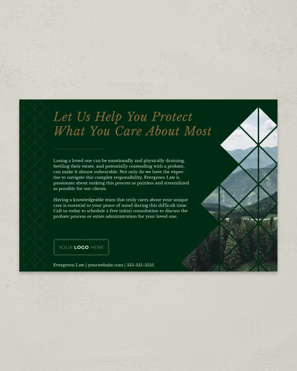 This is a 6" x 9" Postcard called Enduring Evergreen printed in full color