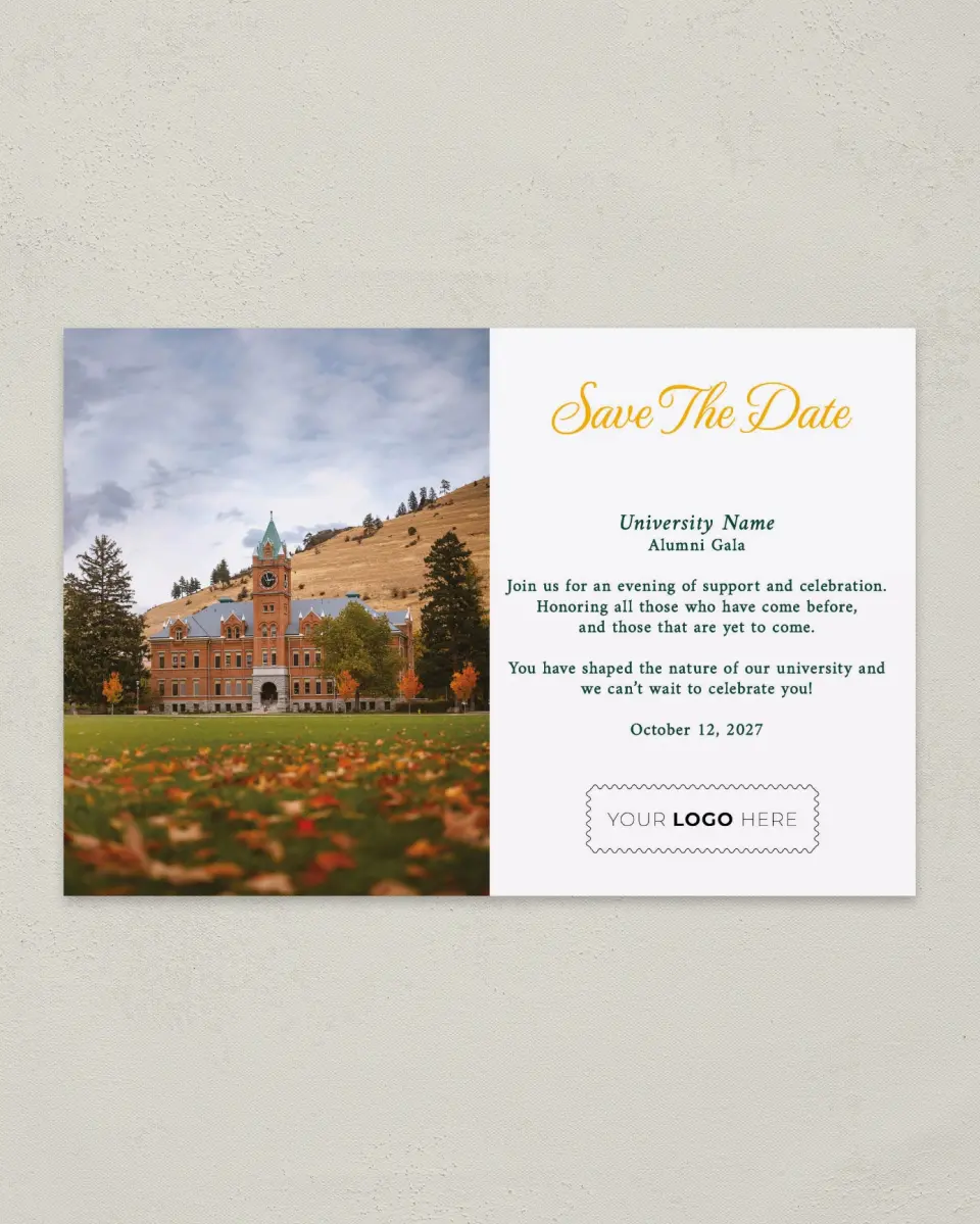 This is a 6" x 9" Gala Save the Date Postcard called Lasting Legacy printed in full color