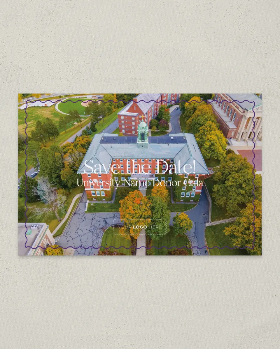 This is a 6" x 9" Gala Save the Date Postcard called Scholarly Soirée printed in full color