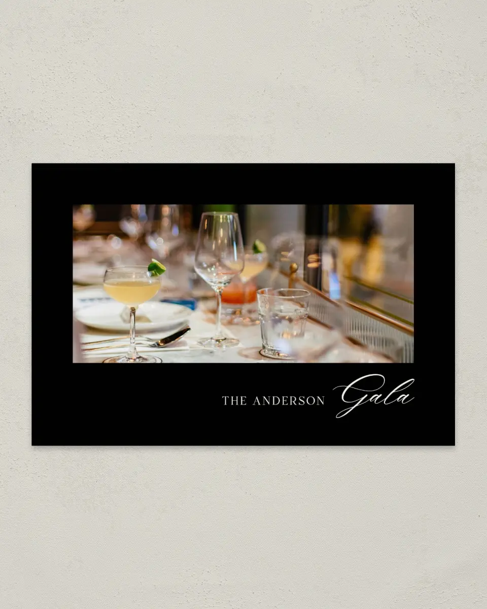 This is a 6" x 9" Gala Save the Date Postcard called Giving Grace printed in full color