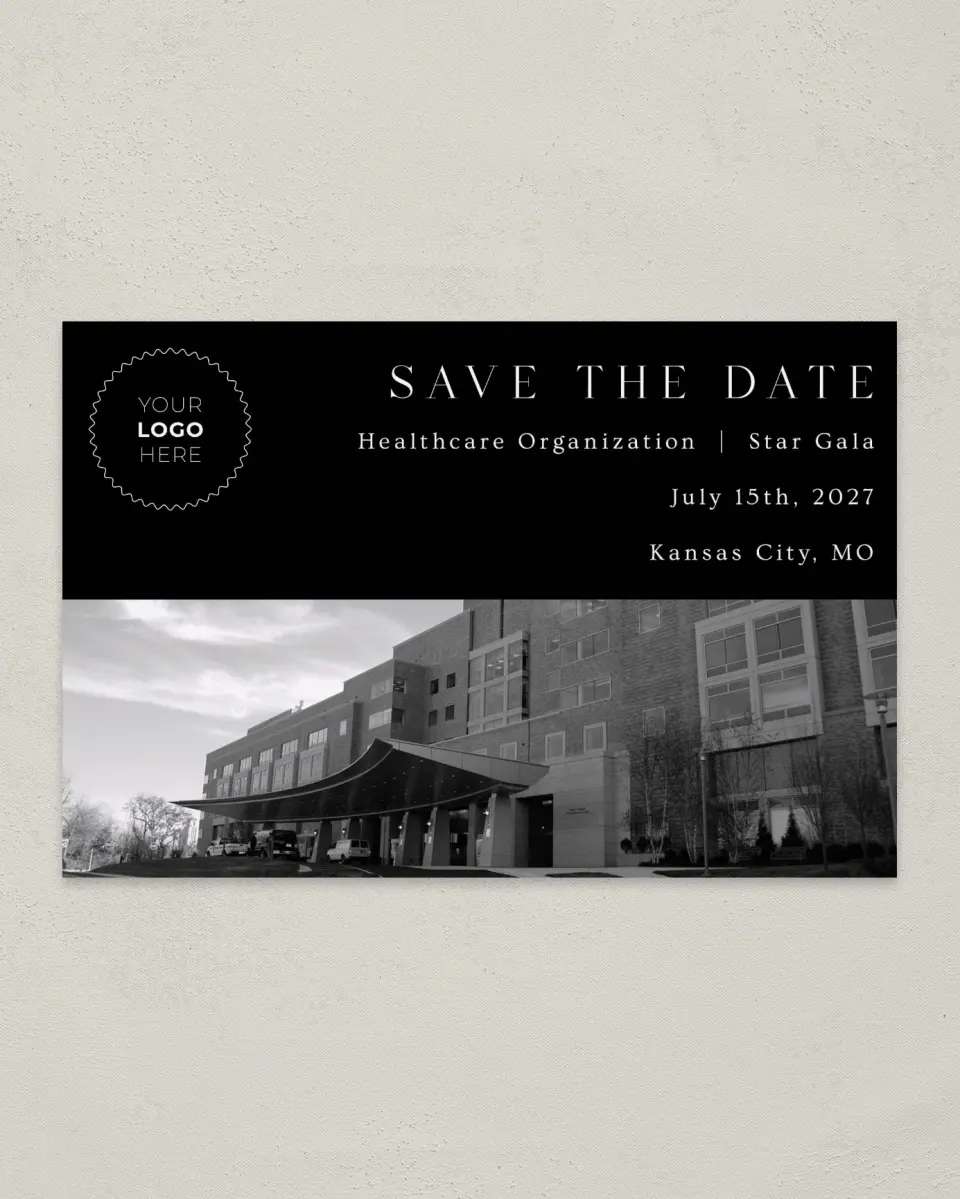 This is a 6" x 9" Gala Save the Date Postcard called Starlight Gala printed in full color