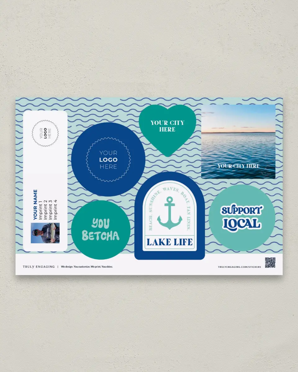 This is a 6" x 9" Business Sticker Postcard called Lakeside Local printed in full color