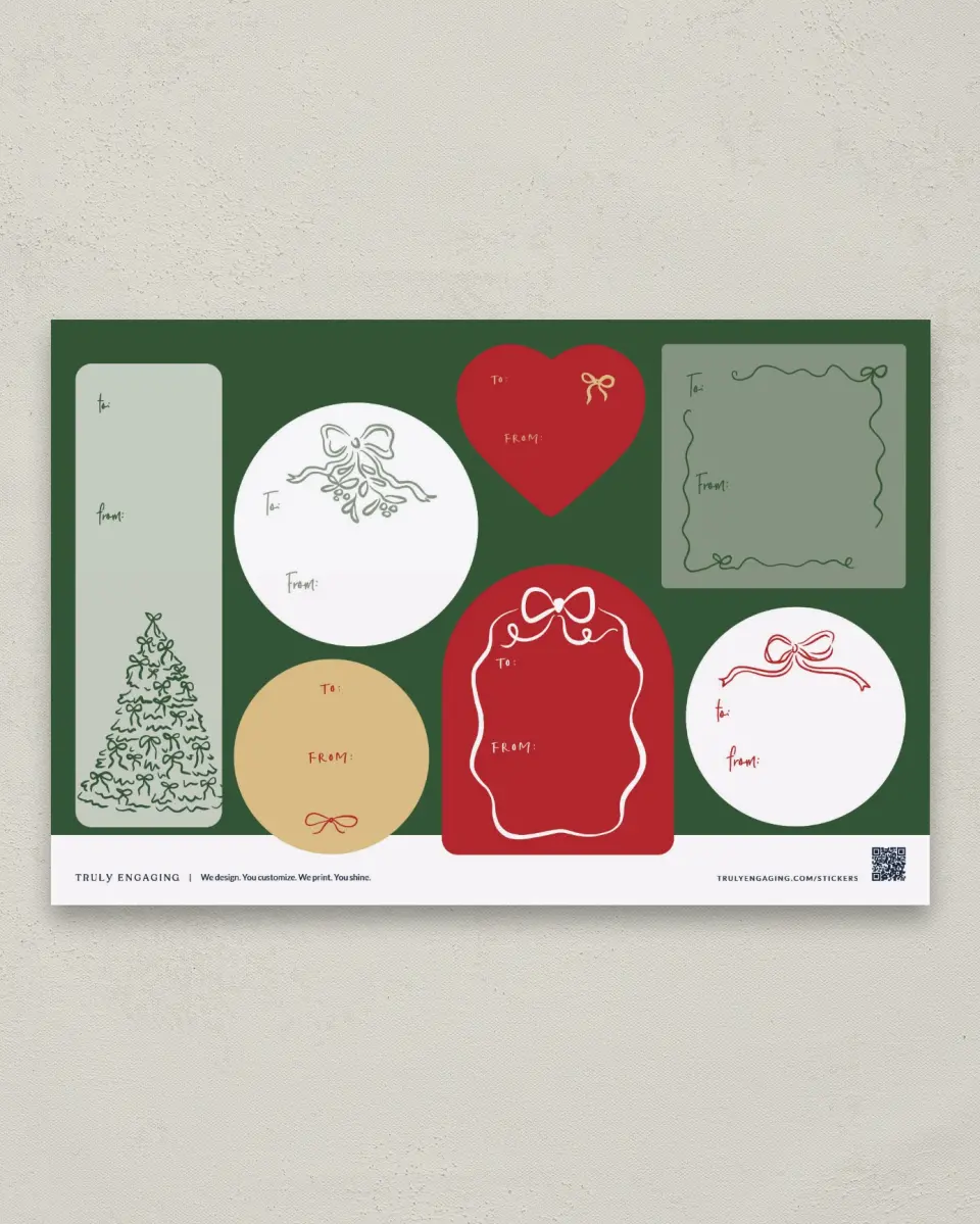This is a 6" x 9" Holiday Gift Tag called Charming Ribbons printed in full color