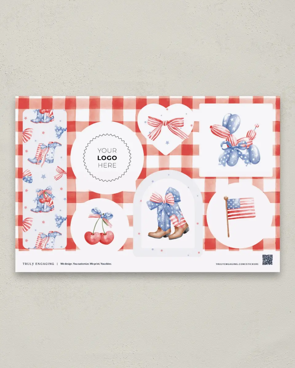 This is a 6" x 9" Business Sticker Postcard called Coquette Americana printed in full color