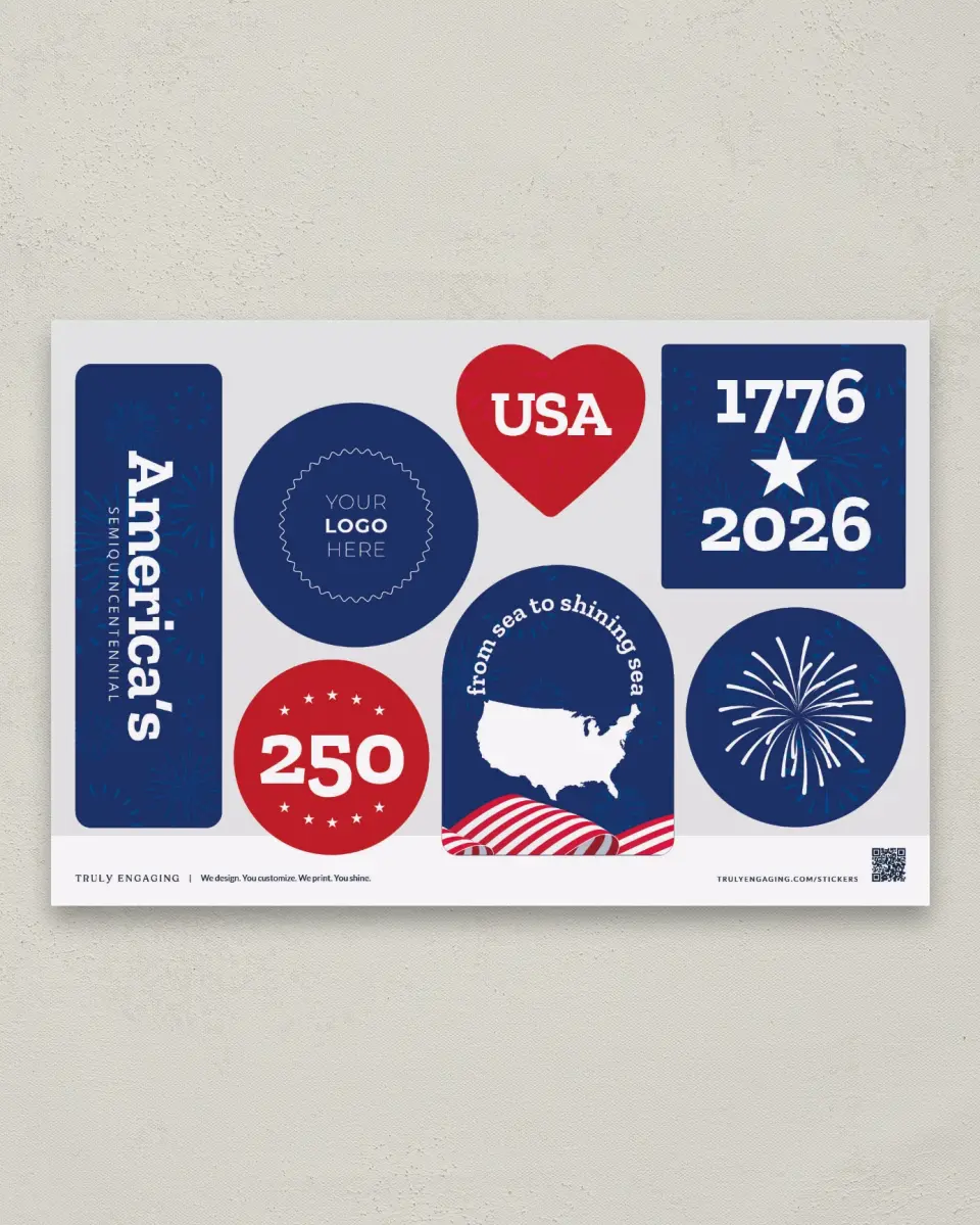 This is a 6" x 9" Business Sticker Postcard called Happy Birthday America printed in full color