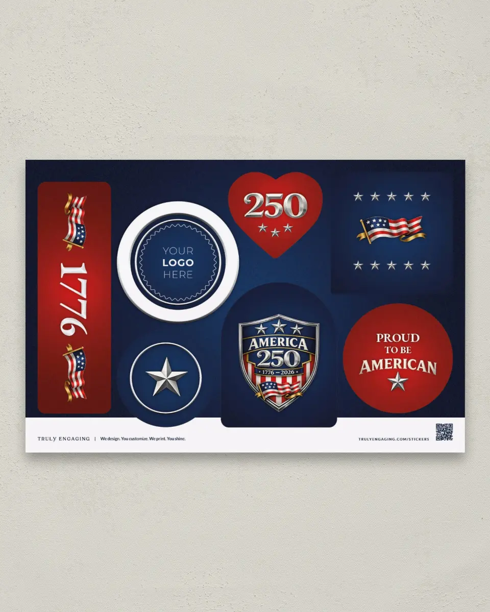 This is a 6" x 9" Business Sticker Postcard called 250 Years of America printed in full color