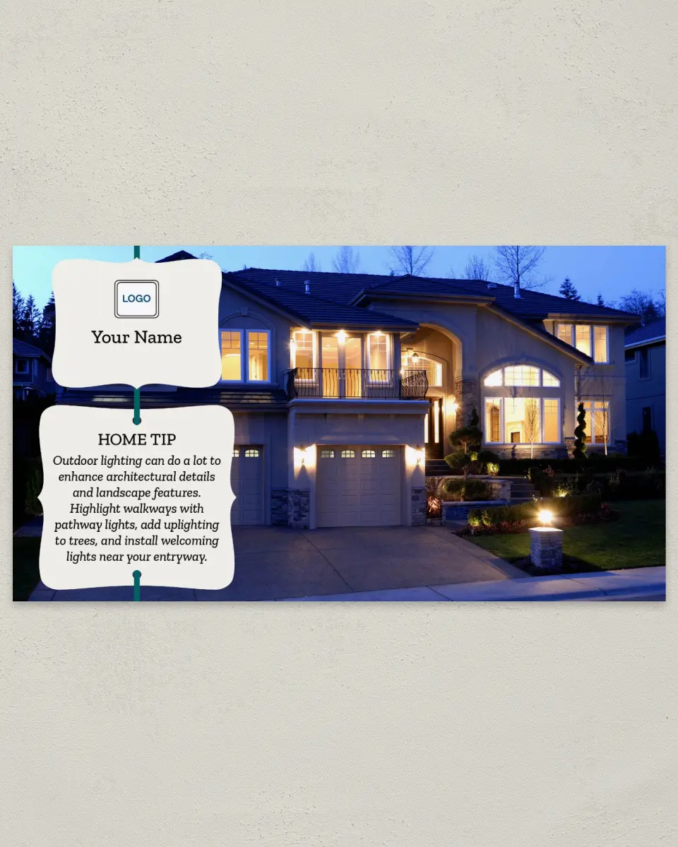 This is a 6" x 11" Postcard called Home Tip - Exterior Lighting printed in full color