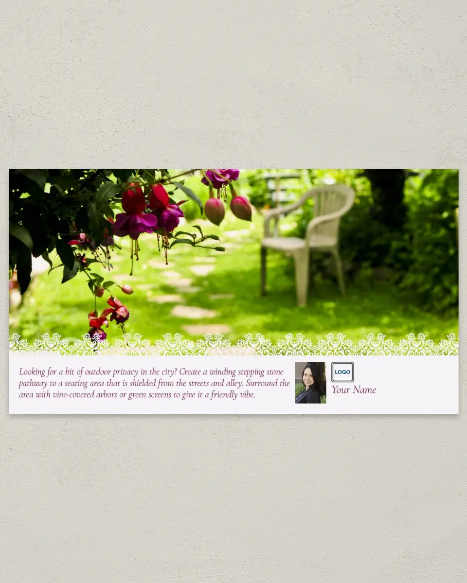 This is a 6" x 11" Postcard called Home Tip - Outdoor Serenity printed in full color