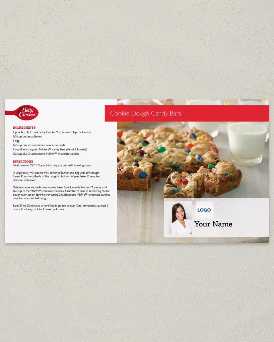 This is a 6" x 11" Postcard called Betty Crocker -  Cookie Dough Candy Bars printed in full color