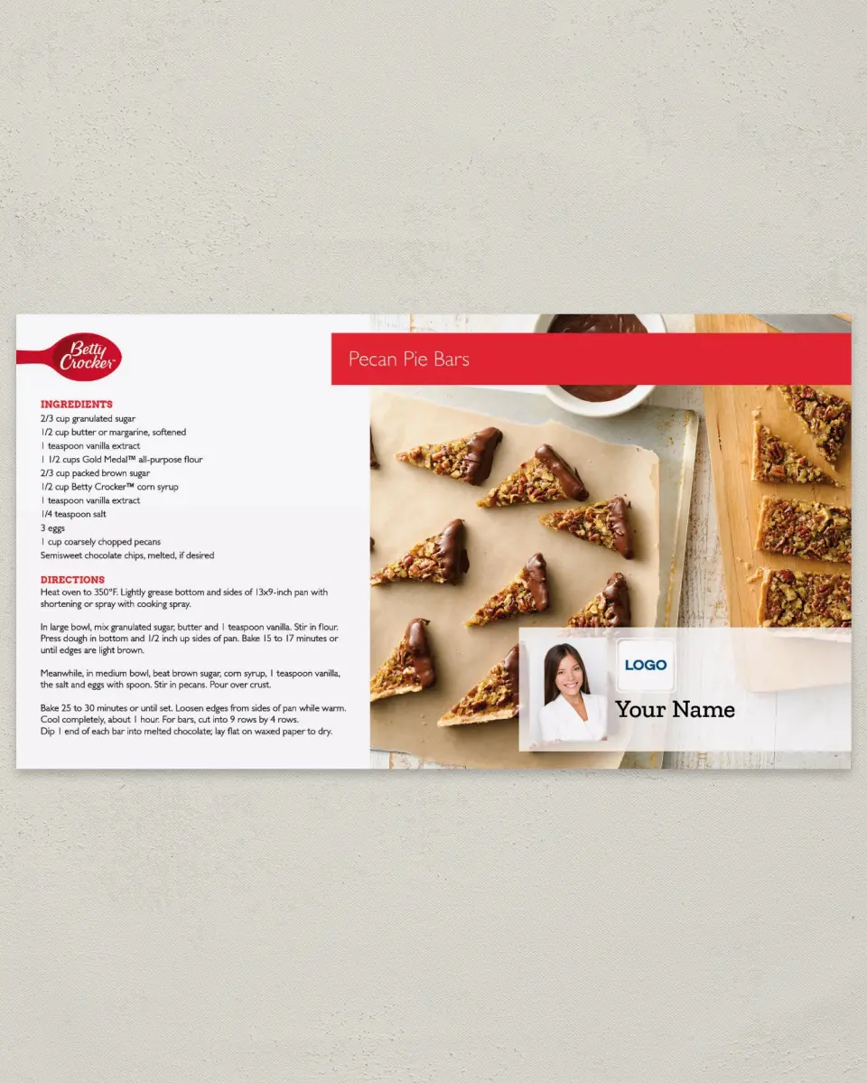 This is a 6" x 11" Postcard called Betty Crocker -  Pecan Pie Bars printed in full color