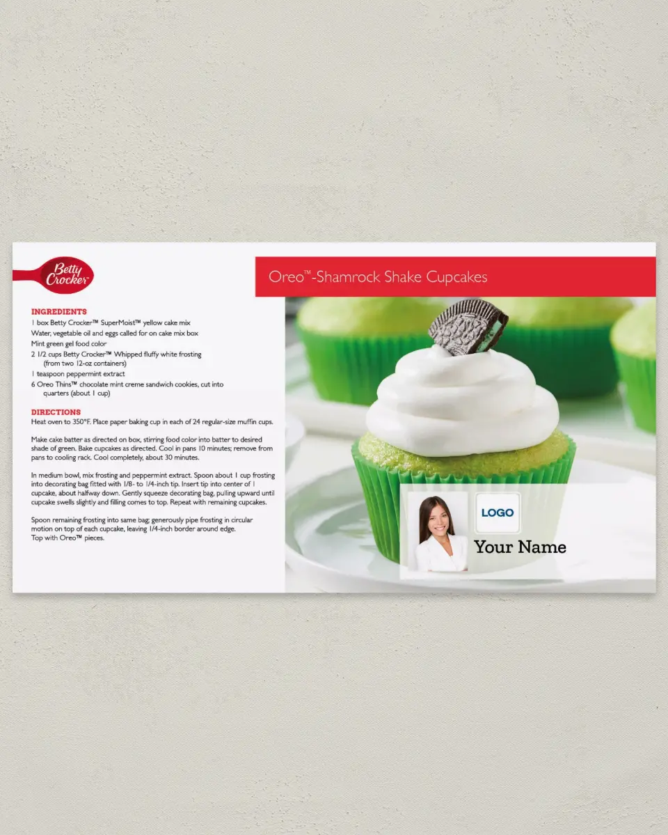 This is a 6" x 11" Postcard called Betty Crocker -  Oreo Shamrock Cupcakes printed in full color