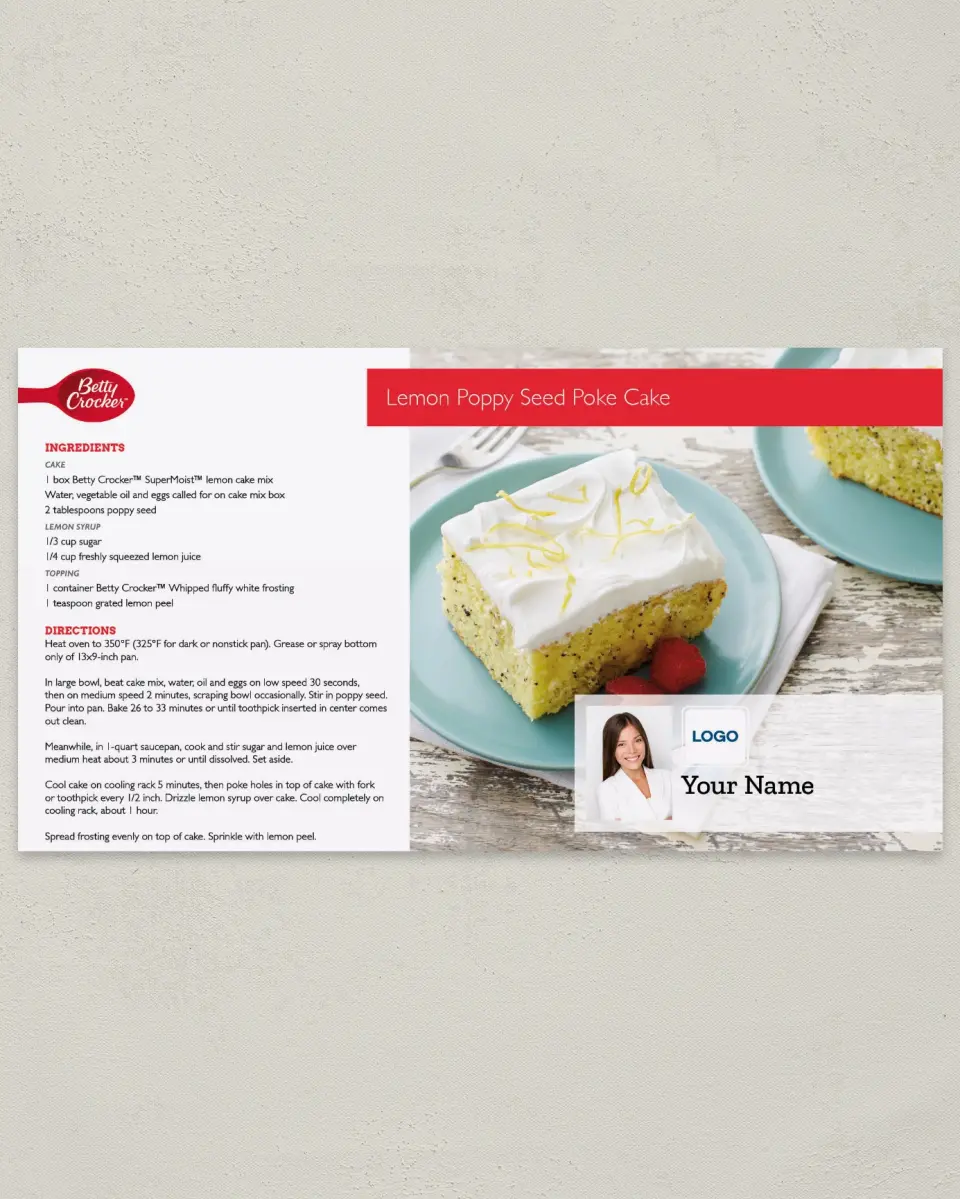 This is a 6" x 11" Postcard called Betty Crocker -  Lemon Poppy Seed Cake printed in full color