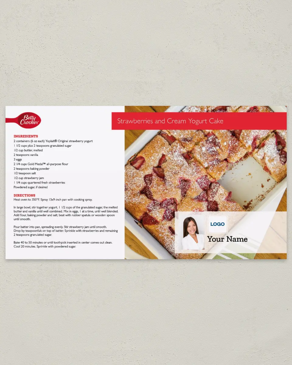 This is a 6" x 11" Postcard called Betty Crocker -  Strawberries and Cream Yogurt Cake printed in full color