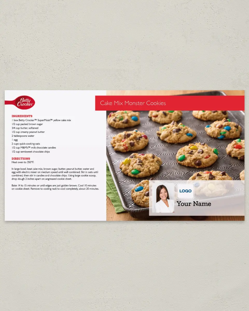 This is a 6" x 11" Postcard called Betty Crocker -  Cake Mix Monster Cookies printed in full color