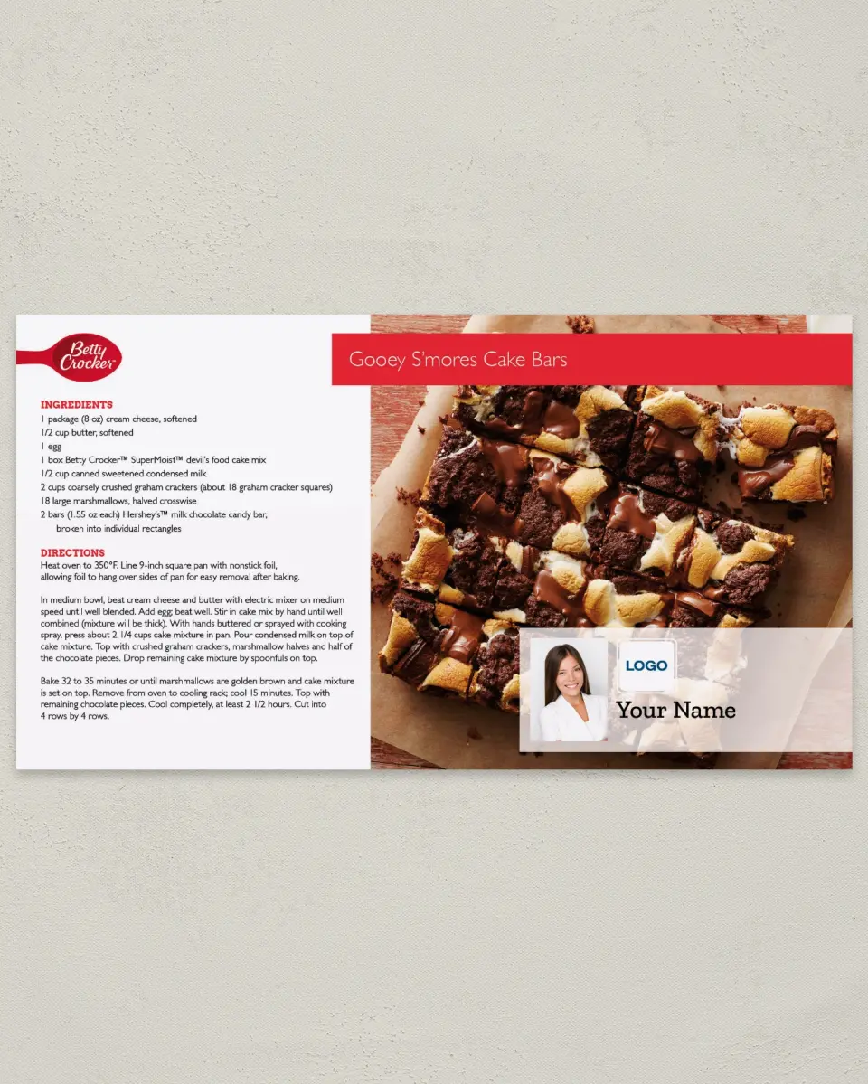 This is a 6" x 11" Postcard called Betty Crocker -  Gooey S'mores Cake Bars printed in full color